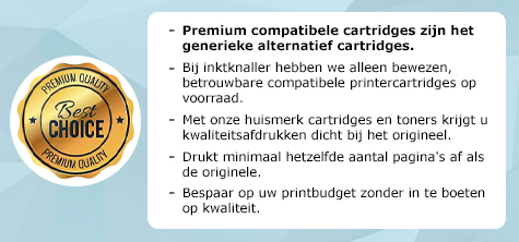 Premium compatibele cartridges zijn het generieke alternatief cartridges. Bij inktknaller hebben we alleen bewezen, betrouwbare compatibele printercartridges op voorraad. Met onze huismerk cartridges en toners krijgt u kwaliteitsafdrukken dicht bij het origineel. Drukt minimaal hetzelfde aantal pagina's af als de originele. Bespaar op uw printbudget zonder in te boeten op kwaliteit.