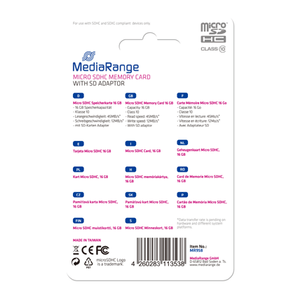 MediaRange 16GB Micro SDHC-achterkant