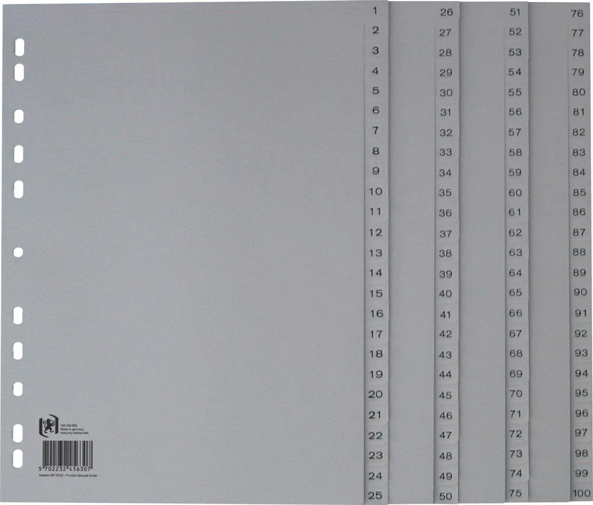 Oxford tabbladen, A4, uit PP, 11-gaatsperforatie, 100 genummerde tabs, grijs