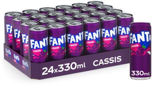 Fanta Cassis frisdrank, sleek blik van 33 cl, pak van 24 stuks
