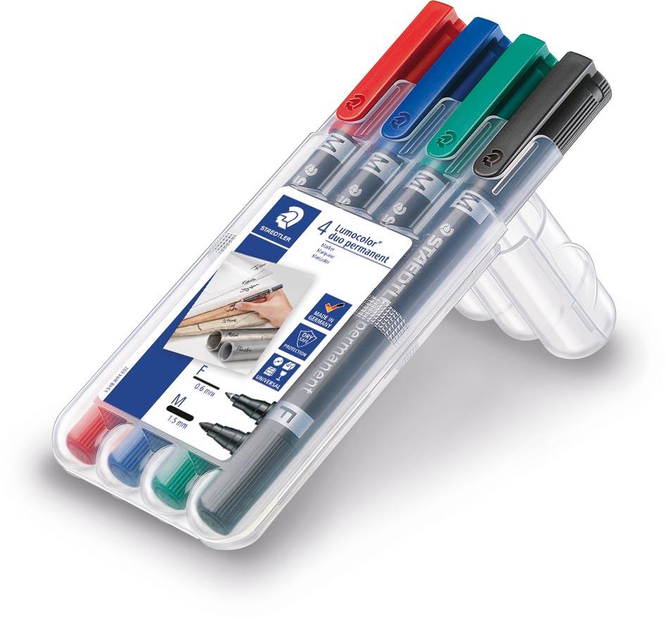 Staedtler Lumocolor Duo 348, permanent marker, doos van 4 stuks in geassorteerde kleuren