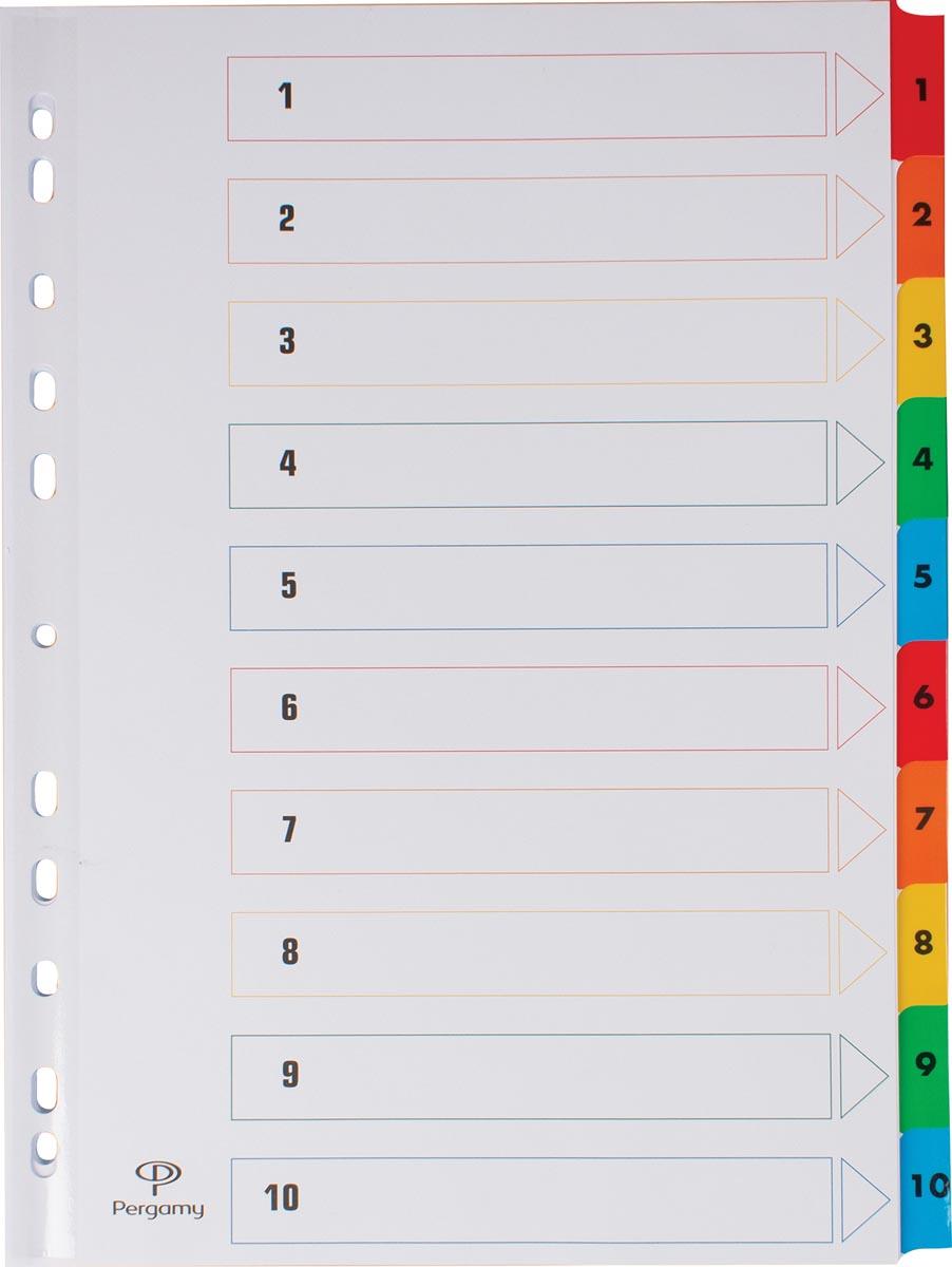 Pergamy tabbladen met indexblad, ft A4, 11-gaatsperforatie, geassorteerde kleuren, set 1-10