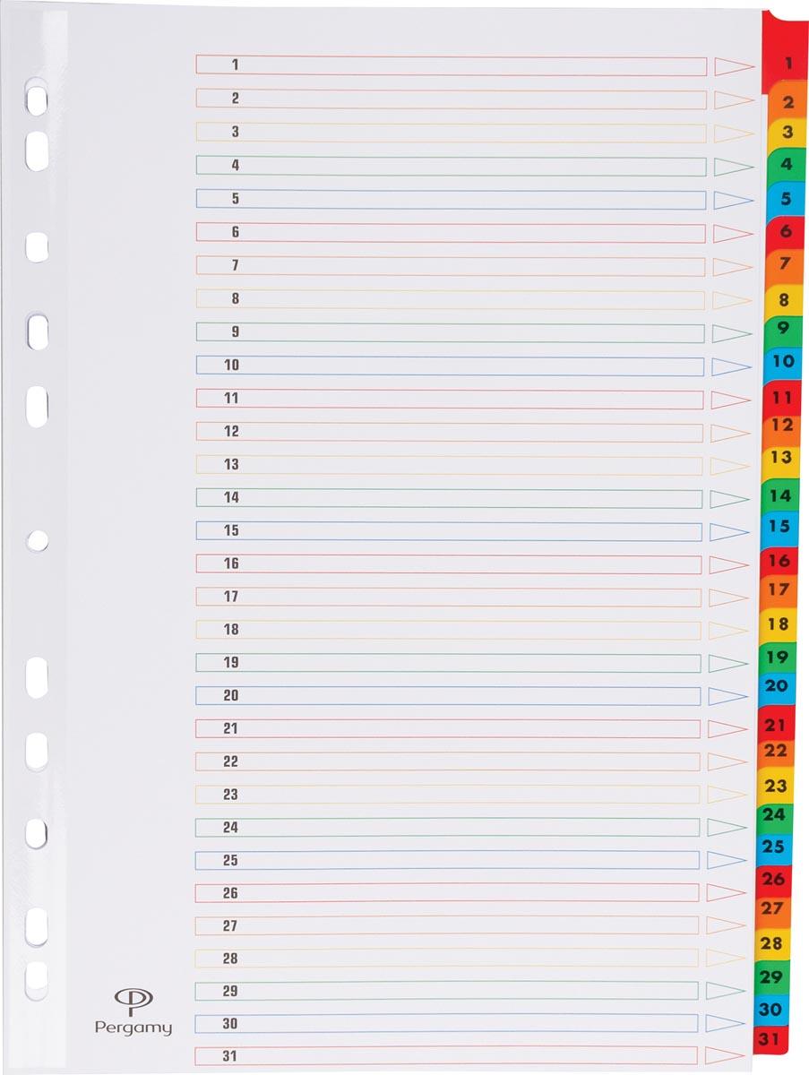 Pergamy tabbladen met indexblad, ft A4, 11-gaatsperforatie, geassorteerde kleuren, set 1-31