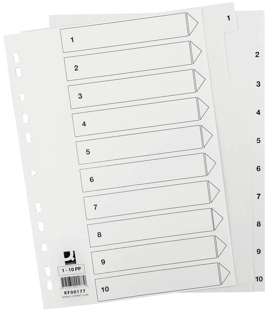 Q-CONNECT tabbladen, A4, PP, 11-gaatsperforatie,met indexblad, set van 1-10, wit