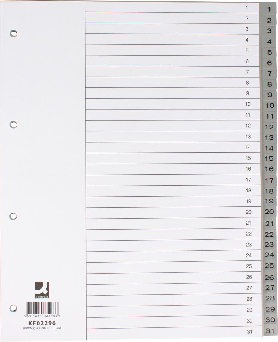 Q-CONNECT tabbladen, A4, PP, 11-gaatspeforatie, met indexblad, set van 1-31, 31 tabs, grijs
