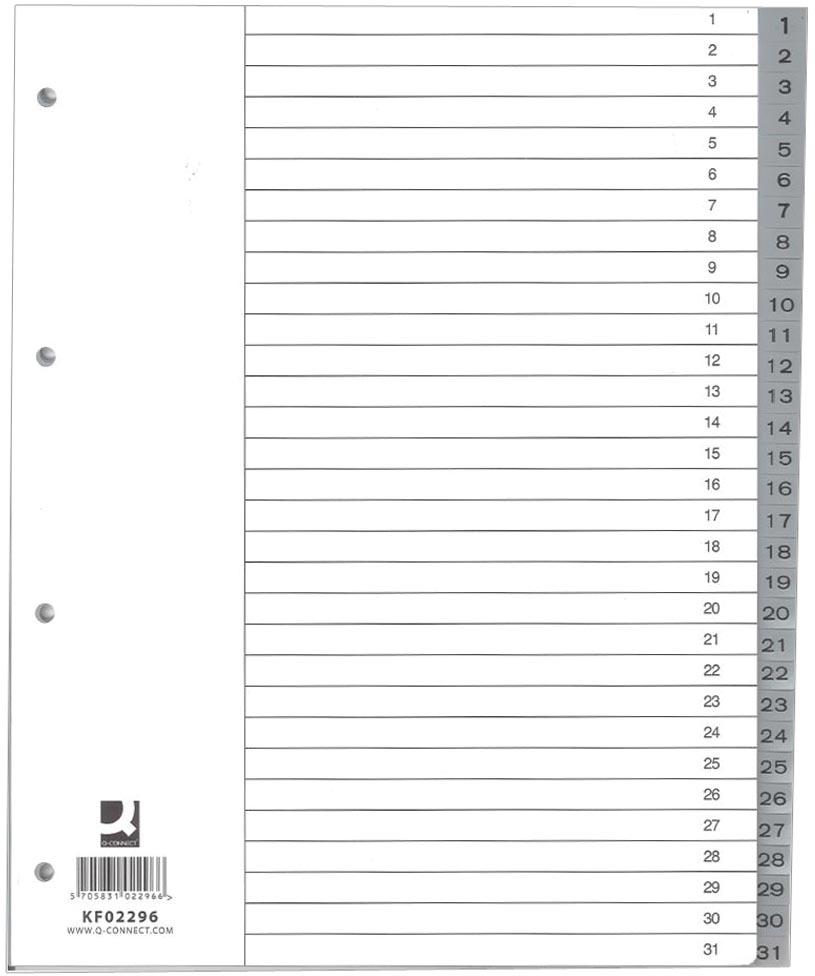 Q-CONNECT tabbladen, A4, PP, 11-gaatspeforatie, met indexblad, set van 1-31, 31 tabs, grijs