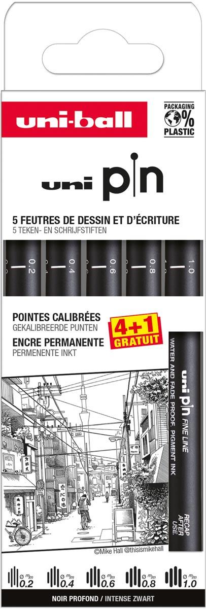 Uni Pin fineliner, gekalibreerde punten, zwart, 0,2-0,4-0,6-0,8-1,0 mm, blister van 4 + 1 gratis