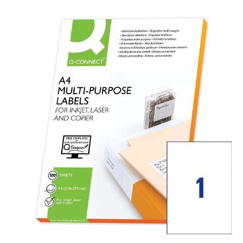 Q-CONNECT etiketten, wit, rechte hoeken, 210 x 297 mm, 100 vel, 1 etiket per vel