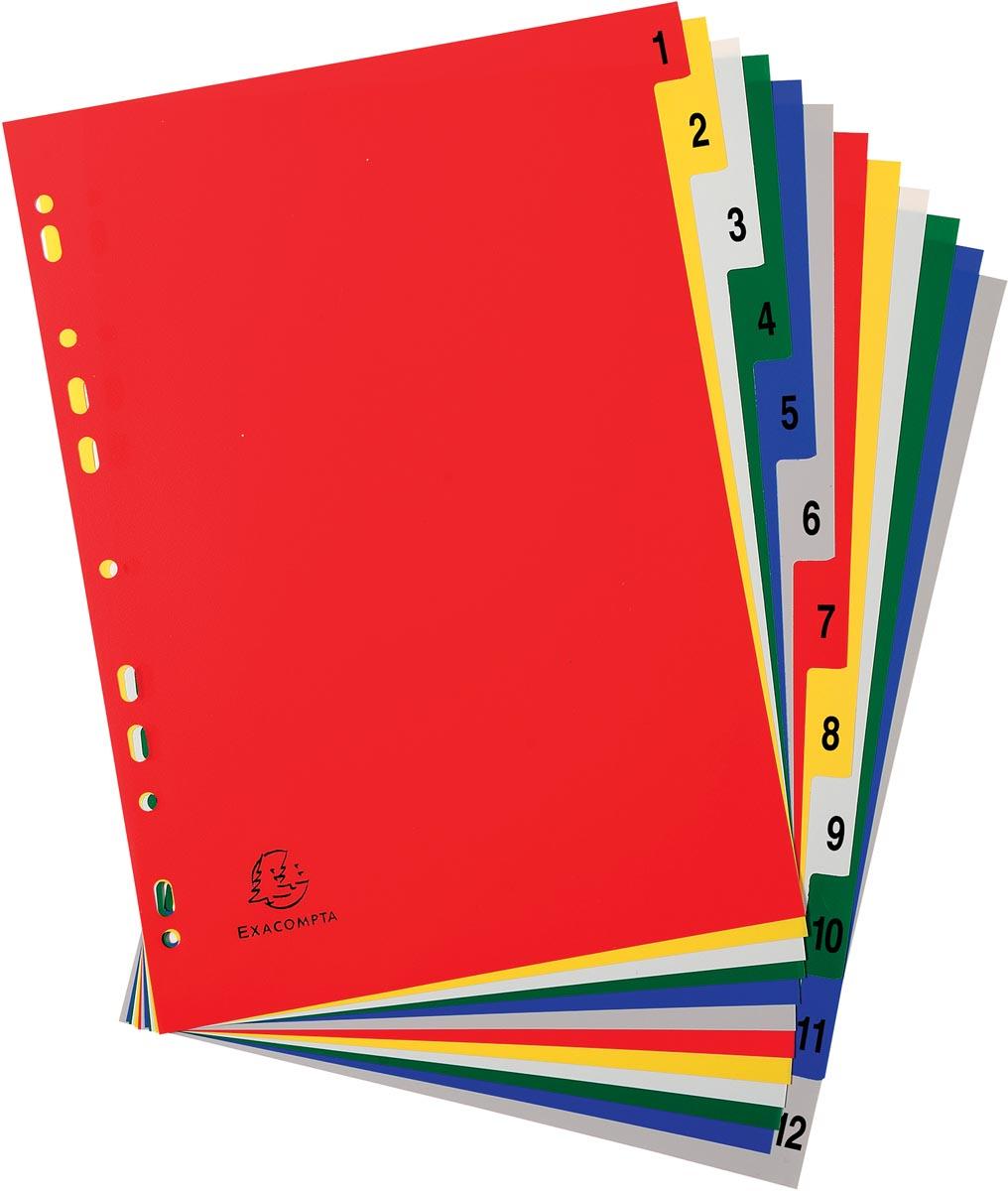 Exacompta tabbladen numeriek voor ft A4, uit PP 12/100e, 12 kleurtabs, met indexblad, wit