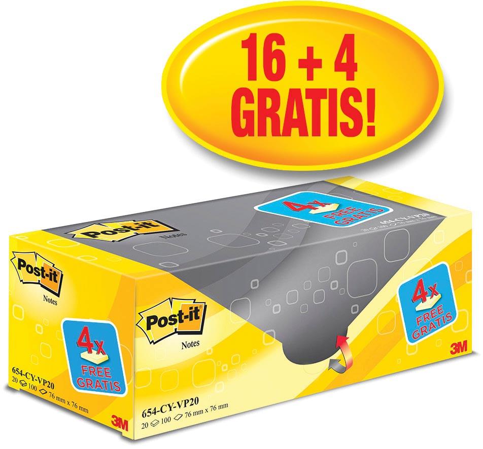 Post-it Notes, 100 vel, ft 76 x 76 mm, geel, pak van 16 blokken + 4 gratis