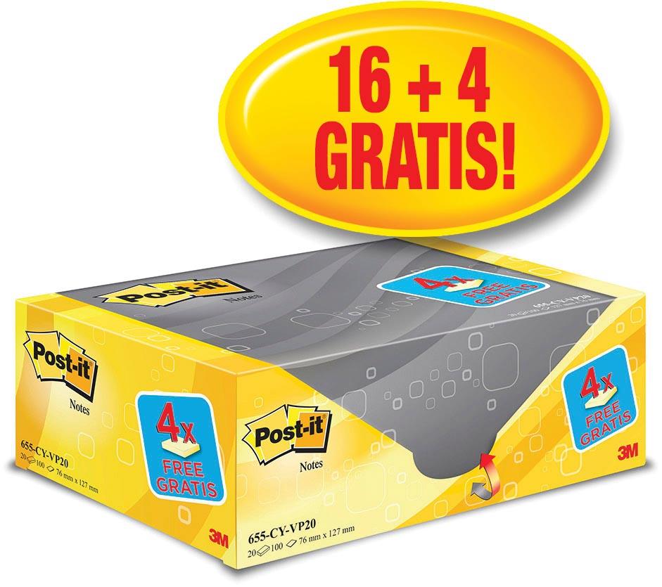 Post-it Notes, 100 vel, ft 76 x 127 mm, geel, pak van 16 blokken  + 4 gratis