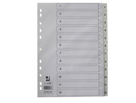 Q-CONNECT tabbladen, A4, PP, 11-gaatsperforatie, met indexblad, set van 1-12, wit