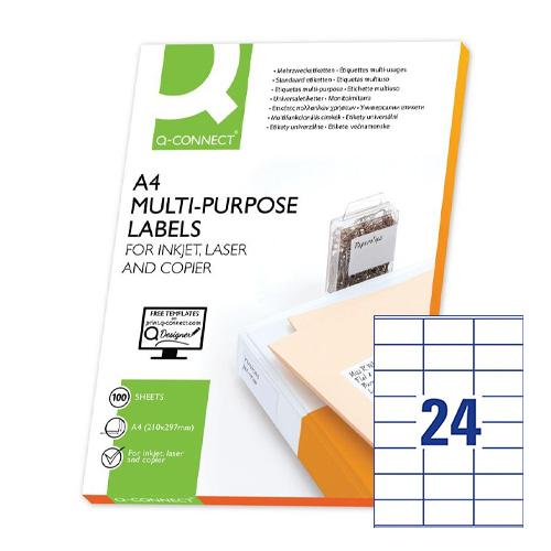 Q-CONNECT etiketten, wit, rechte hoeken, 70 x 36 mm, 100 vel, 24 etiketten per vel