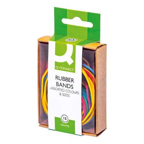 Q-CONNECT elastieken, breedte 1,5 mm, verschillende lengtes, 15 g, geassorteerde kleuren