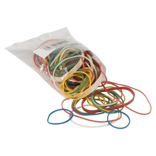Q-CONNECT elastieken, breedte 1,5 mm, verschillende lengtes, 25 g, geassorteerde kleuren